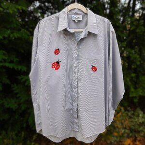 Elegant Gray Striped Button Down Shirt with Ladybug Details